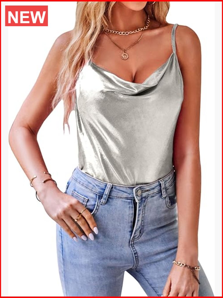 Women's Shimmer Camisole Top Cowl Neck Sleeveless Sparkle Blouse Tank